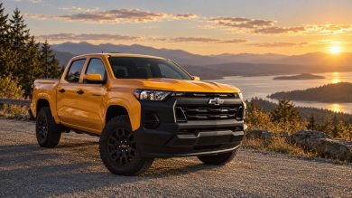 A Chevrolet Colorado crew-cab pickup at a scenic roadside turnout