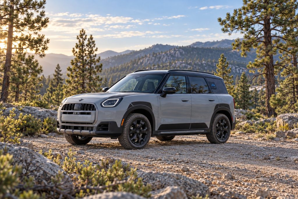 Grey MINI Countryman Untamed with a black roof parked on a rocky forest track.